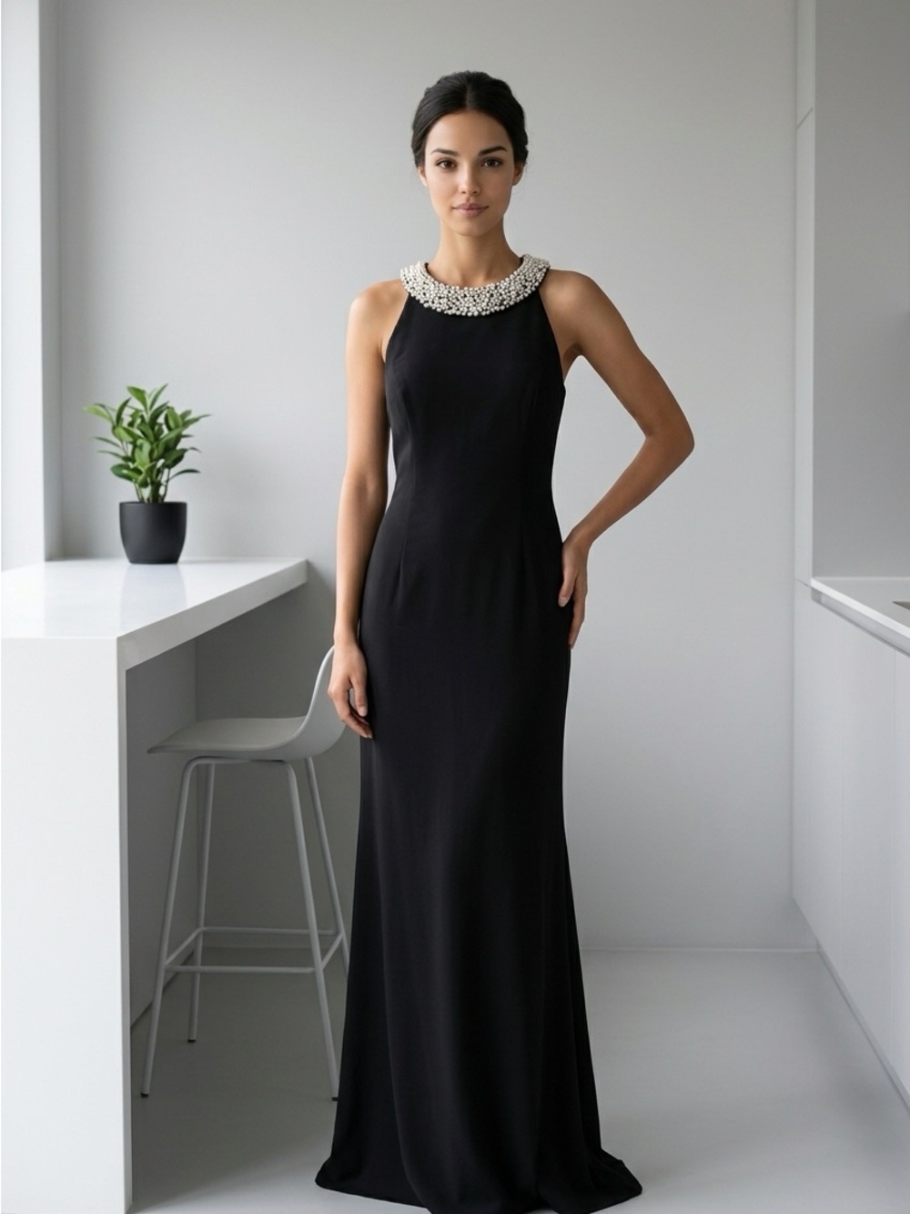 Adrianna Papell Black Maxi Gown with Pearl Collar